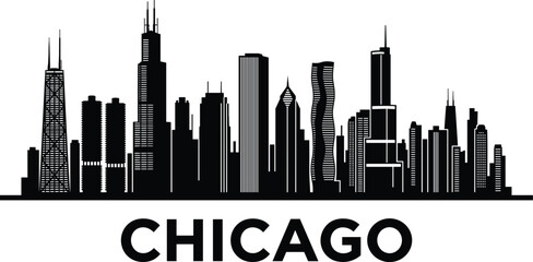 Obraz premium Chicago Skyline Silhouette Vector with Famous Landmarks and Modern Cityscape Illustration