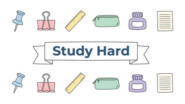 Study Hard Elements: A collection of essential study tools including pushpins, binder clips, rulers, pencil cases, ink bottles, and paper arranged symmetrically with a banner that reads Study Hard.