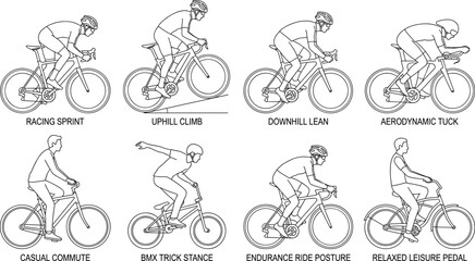 Obraz premium Cycling Riding Positions Line Art Vector Set with Road Bike and BMX Postures