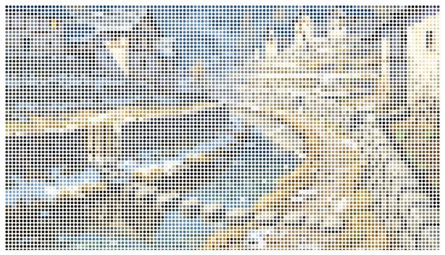 Abstract dot mosaic of a flowing river scene with vibrant colors and dynamic texture.
