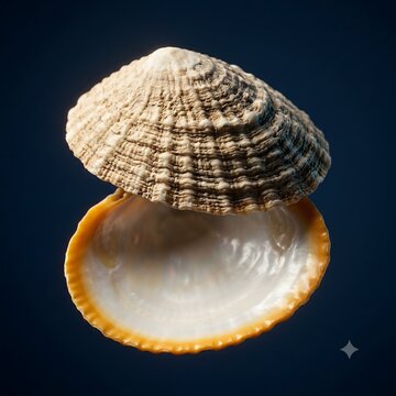 High quality macro studio photograph showcasing the textured dorsal and glossy pearlescent ventral views of a limpet seashell isolated against a solid dark navy background.