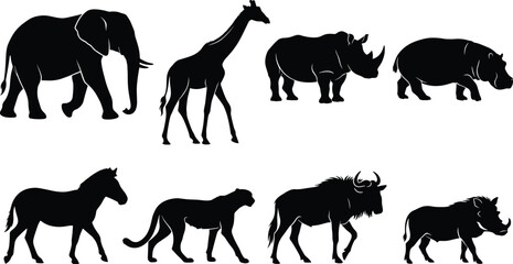 African Safari Animal Silhouette Bundle Featuring Elephant Giraffe Rhinoceros Hippopotamus Horse Lion Wildebeest and Warthog Vector Set © Miss