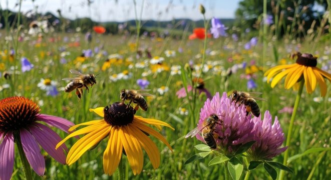 Bees foraging for nectar on colorful wildflowers in a sunny meadow