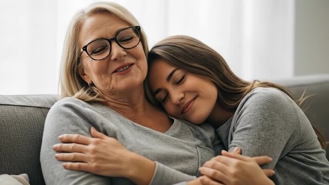 A joyful middle aged mother and her adult daughter sharing a warm embrace
