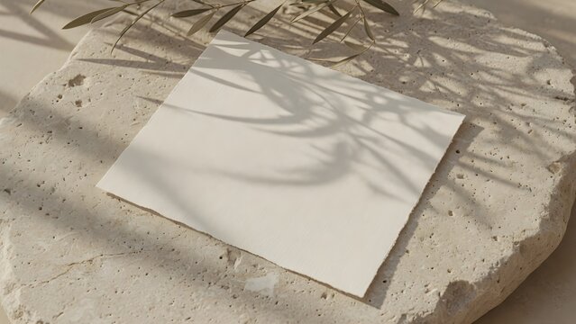 Blank square paper card with torn edges on a rough stone surface with olive branch shadow