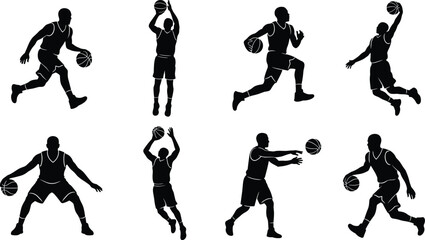 Basketball Player Silhouette Collection Featuring Dribbling Shooting Passing Running and Dunk Action Poses Isolated Black Vector Set © Miss