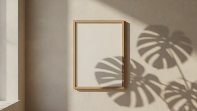 Empty wooden frame hanging on a beige wall with monstera plant leaf shadows