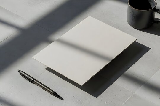 Blank paper mockup with a pen and a mug on a concrete surface