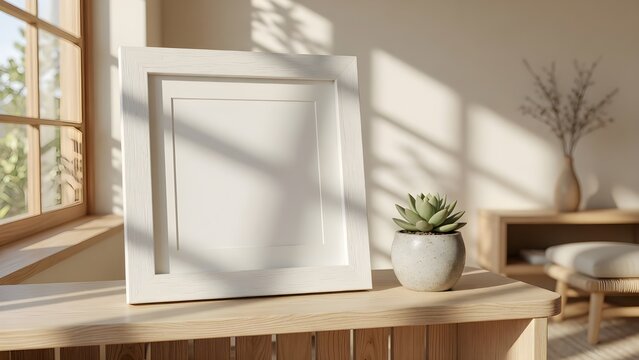 Empty white square picture frame on a wooden table next to a succulent plant