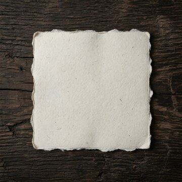 A square sheet of textured handmade paper with deckled edges centered on a dark rustic wooden surface
