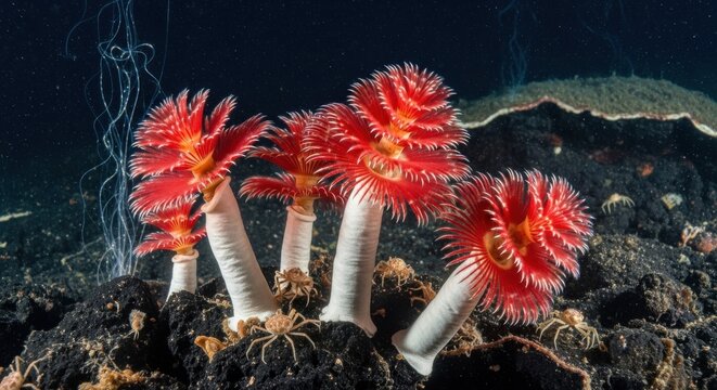 Red christmas tree worms with tiny crabs on the ocean floor