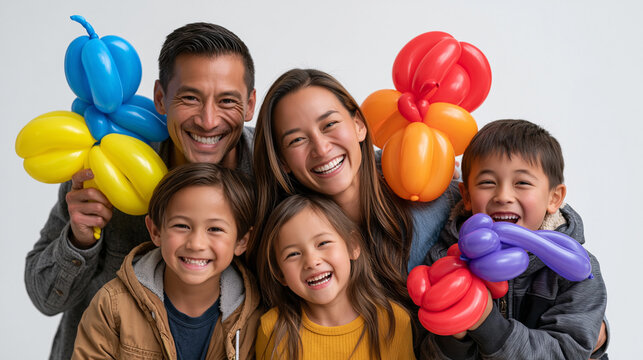 A family of five posing playfully against a pure white background each holding a twisted balloon sculpture, parents and children mid laugh, party entertainment industry, balloon
