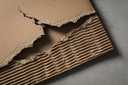 A close-up view of a piece of brown corrugated cardboard with a large, jagged tear exposing the inner texture