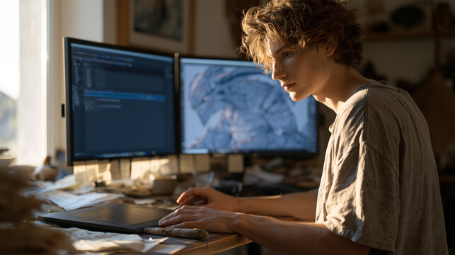 A game developer at a standing desk reviews character animation timelines on a large monitor showing a fantasy creature rig, a drawing tablet and worn stylus nearby, sticky note