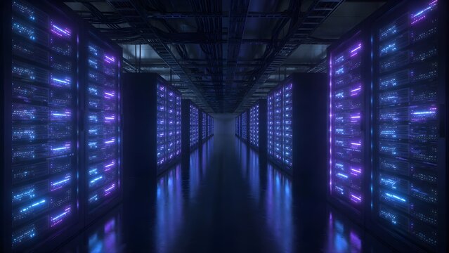 Rows of server racks with blue and purple LED lights in a data center facility