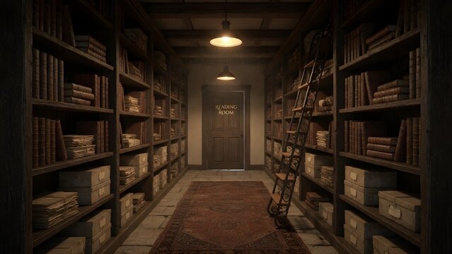 Old library interior with wooden shelves full of books and a rolling ladder leading to a reading room door
