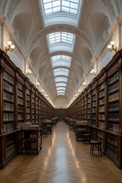 Symmetrical view of a long library aisle with tall wooden bookshelves and a glass vaulted ceiling