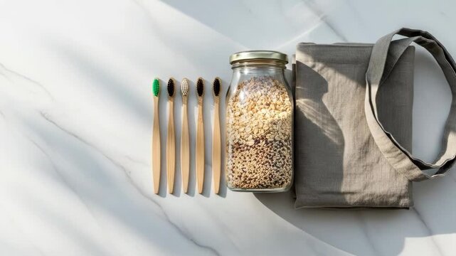 Sustainable living essentials including bamboo toothbrushes and a glass jar