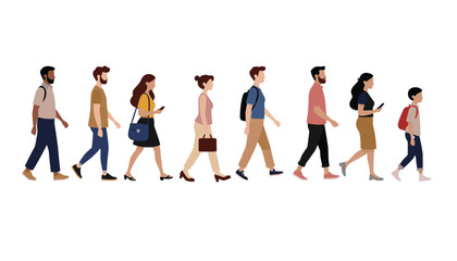 Fototapeta premium Diverse People Walking Side View Flat Vector Illustration