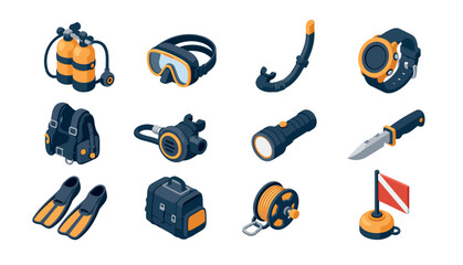 Collection of colorful scuba diving equipment and accessories. © artdeco_studio
