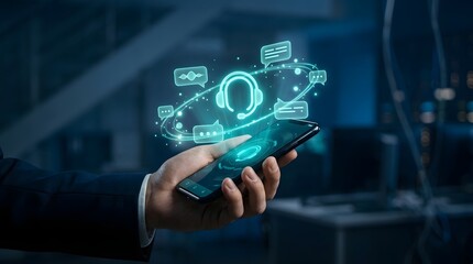 Fototapeta premium Business professional holds a smartphone displaying a holographic customer service headset icon with floating chat bubbles.