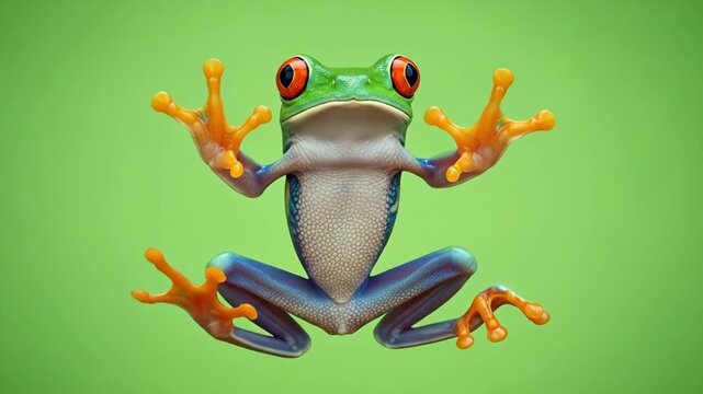 A vibrant red-eyed tree frog captured against a solid light green background