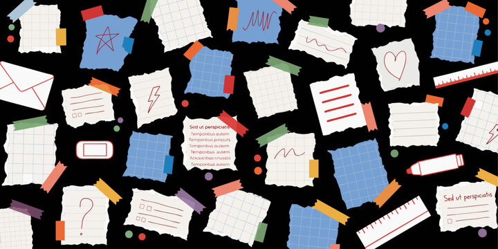 Torn paper notes seamless pattern on black background, ripped memo sheets and doodle stationery vector background