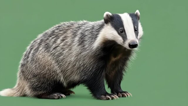 A side view of a european badger standing against a solid green background
