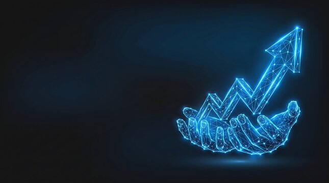 Wireframe hands supporting glowing blue upward growth arrow on dark futuristic background abstract digital illustration.