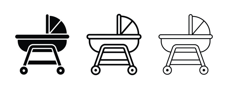 Set of black baby stroller icons for newborn carriage and infant bassinet design