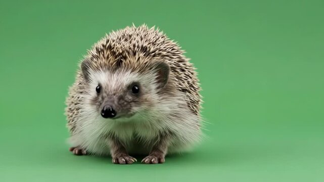 A small african pygmy hedgehog standing against a solid green background