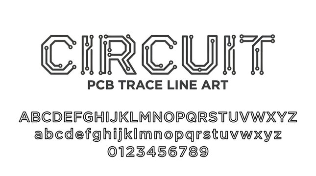 Circuit PCB Trace Line Art Font Display with Alphabet and Numbers