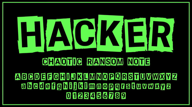 Hacker Ransom Note Font Chaotic Green and Black Uppercase Lowercase Alphabet and Numbers