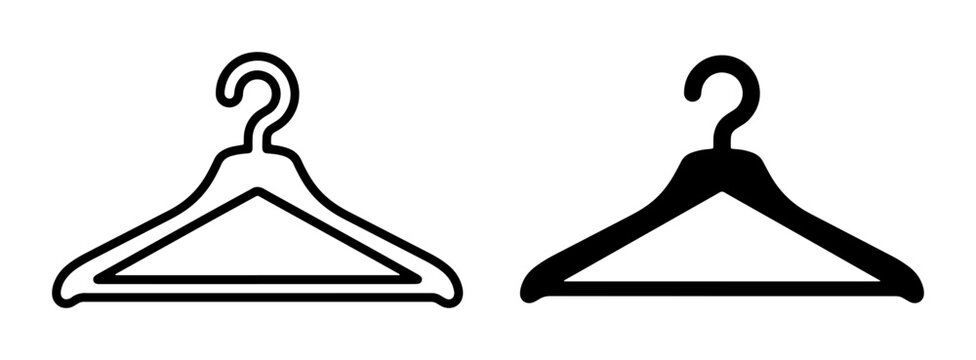 Two stylized vector icons of clothes hangers, one outlined and one solid black, representing wardrobe organization and fashion storage solutions.