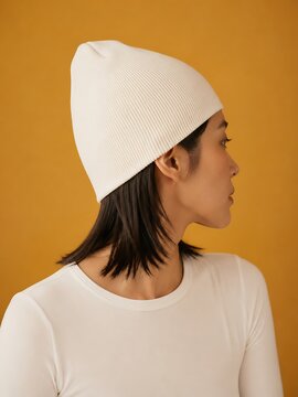 Blank White Uncuffed Beanie Mockup on Woman Profile Warm Background
