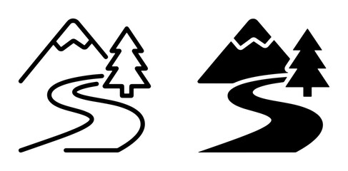 Mountain Landscape Icons, Winding Road, Pine Tree, Snow-capped Peaks, Vector Graphics for Outdoor Adventure and Nature Themes © tasfiya