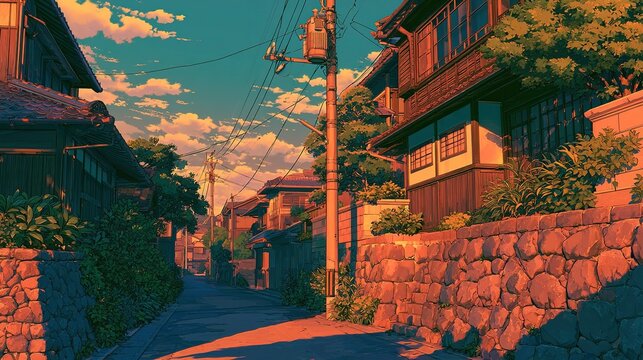 Traditional Japanese alleyway at dusk in vibrant anime aesthetic, wooden houses with classic architecture, stone retaining walls and lush green plants lining narrow road, utility poles transformer box