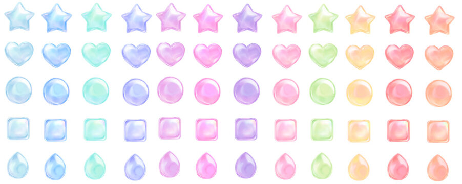 Glossy pastel stickers: stars, hearts, circles, squares, teardrops