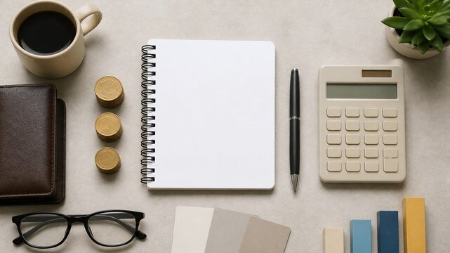 Desk Workspace: Coffee, Notebook, Calculator, Glasses