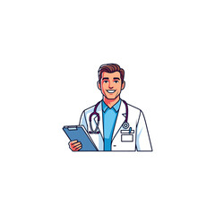 Fototapeta premium smiling male doctor in white coat holding blue clipboard with stethoscope illustration