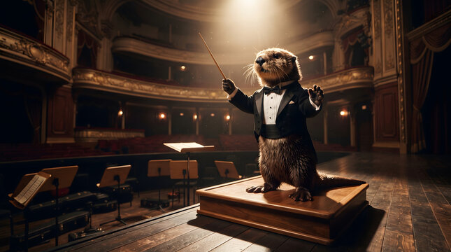 A whimsical illustration of a cute otter dressed in a formal tuxedo conducting an orchestra with a baton on stage