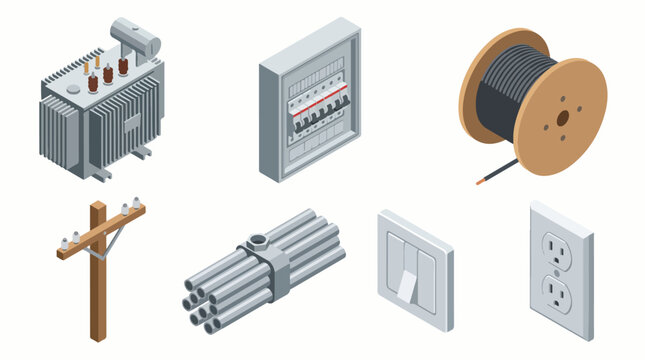Electrical installation isometric icons set. Power supply equipment vector elements.