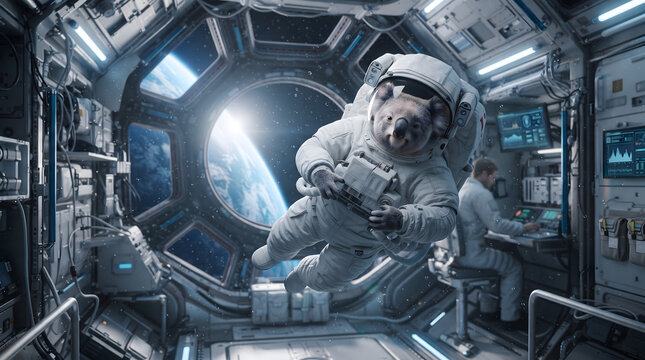 Cute koala astronaut floating in zero gravity inside a futuristic space station cabin with Earth visible through a window