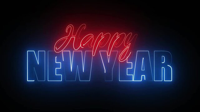 Glowing red cursive and blue bold neon text animation spelling "Happy New Year" flickering and pulsing against a pitch-black background.