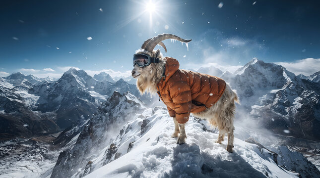 A majestic mountain goat wearing a bright orange down puffer jacket and ski goggles stands on a snowy mountain peak.