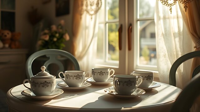 Sunlit tea room with lace curtains and neat porcelain cups, serene atmosphere.