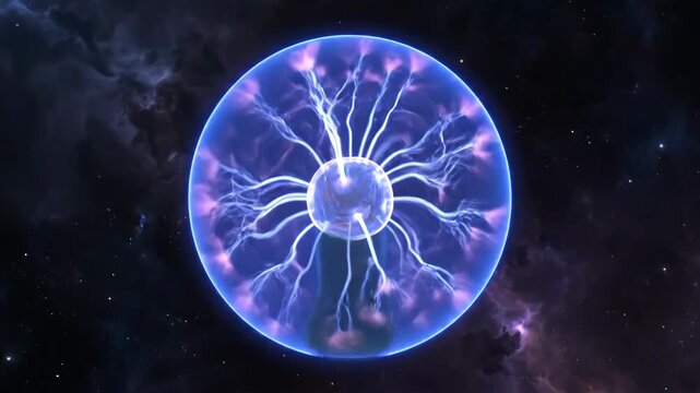 Glowing violet plasma globe emitting electric blue lightning discharges against deep cosmic nebula background