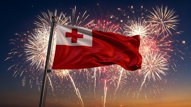 National flag of Tonga waving on flagpole against night sky with bright colorful fireworks display