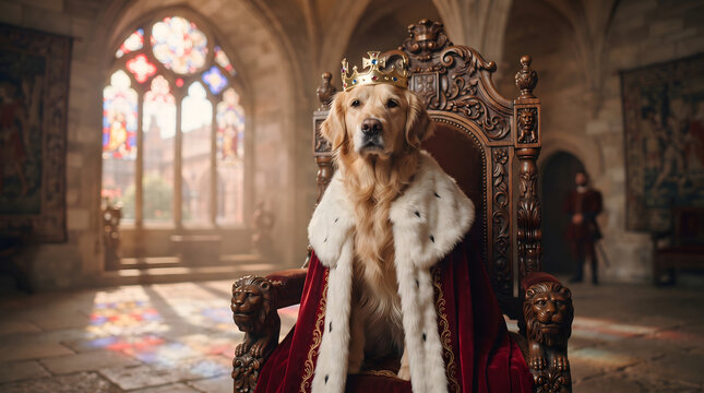 A majestic Golden Retriever dog wearing a golden crown and royal red velvet robe sits proudly on an ornate wooden throne