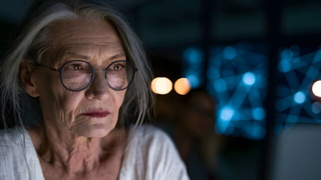 An older woman with gray hair and glasses looks thoughtfully forward against a blurred background of blue lights